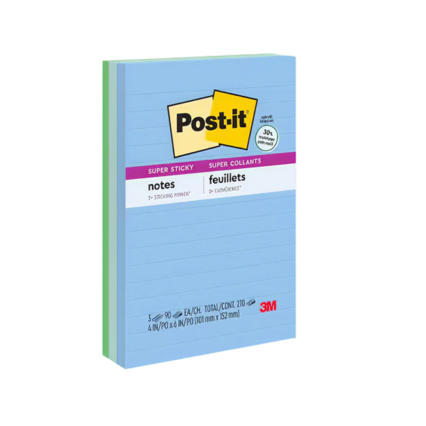 Post-it Recycled Super Sticky Notes, 4 x 6, Oasis Collection, Lined, 90 Sheet/Pad, 3 Pads/Pack