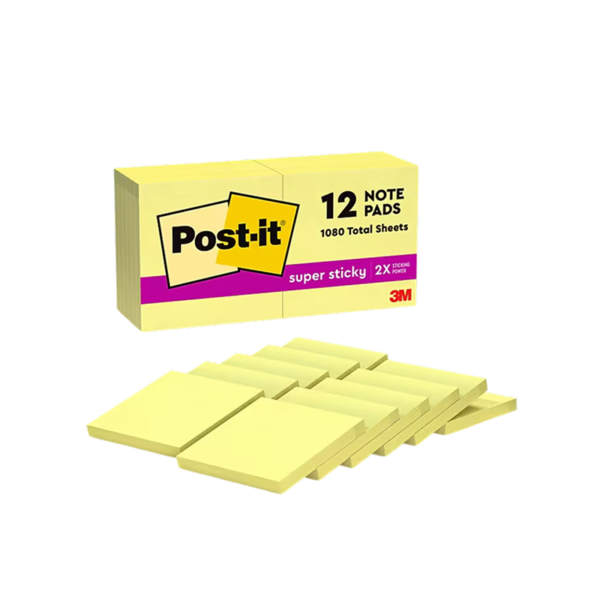 Post-it Super Sticky Notes, 3 x 3, Canary Collection, 90 Sheet/Pad, 12 Pads/Pack