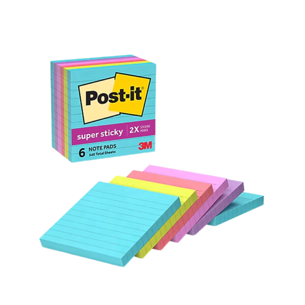 Post-it Recycled Super Sticky Notes, 4 x 4, Oasis Collection, Lined, 90 Sheet/Pad, 6 Pads/Pack