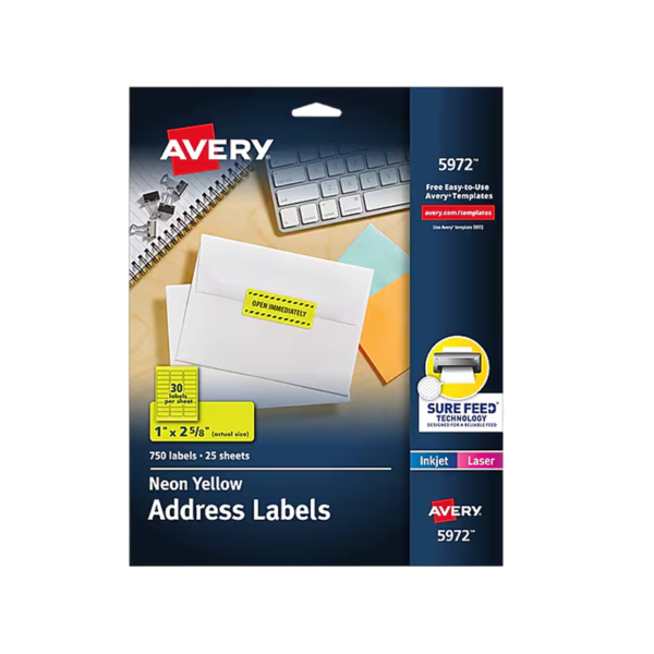 Avery Sure Feed Laser Address Labels, 1 x 2-5/8, Neon Yellow, 750 Labels/Pack
