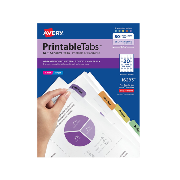 Avery Printable Self-Adhesive Plastic Tabs, 1.75, Assorted, 80/Pack