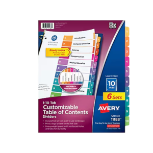 Avery Ready Index Table of Contents Paper Dividers, 1-10 Tabs, Multicolor, 6 Sets/Pack