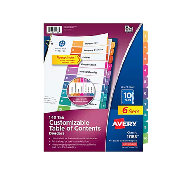 Avery Ready Index Table of Contents Paper Dividers, 1-10 Tabs, Multicolor, 6 Sets/Pack