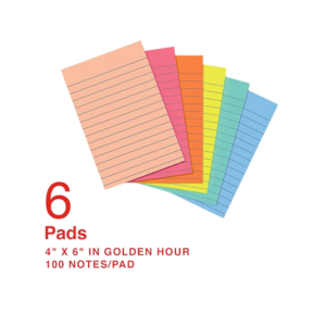 Staples Sticky Notes, 4 x 6, Golden Hour Collection, Lined, 100 Sheets/Pad, 6 Pads/Pack