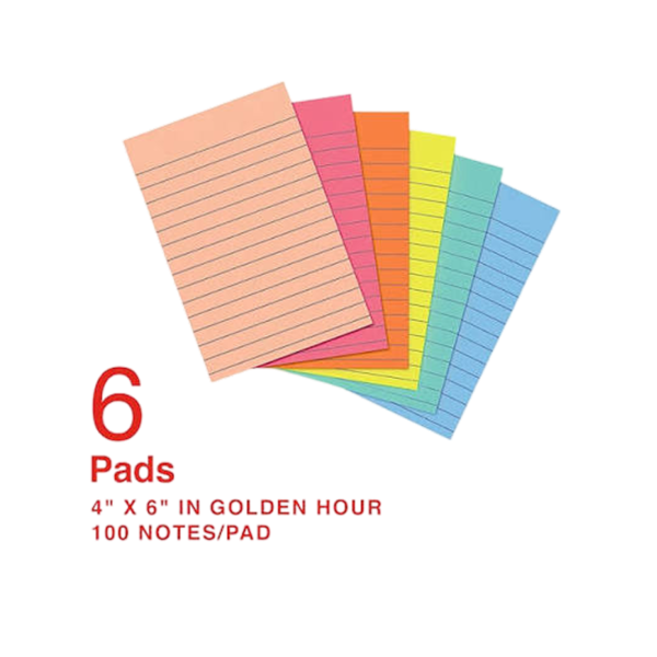 Staples Sticky Notes, 4 x 6, Golden Hour Collection, Lined, 100 Sheets/Pad, 6 Pads/Pack