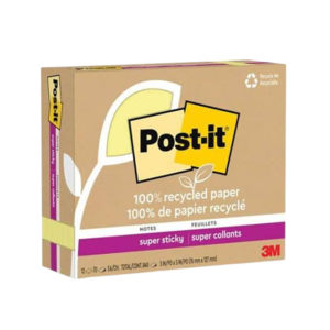 Post-it Recycled Super Sticky Notes, 3 x 5, Canary Collection, 70 Sheet/Pad, 12 Pads/Pack