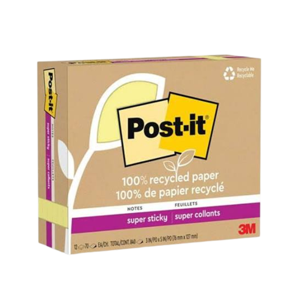 Post-it Recycled Super Sticky Notes, 3 x 5, Canary Collection, 70 Sheet/Pad, 12 Pads/Pack