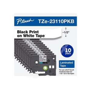 Brother P-touch TZe-231 Laminated Label Maker Tape, 0.5 x 26.2′, Black on White, 10/Pack