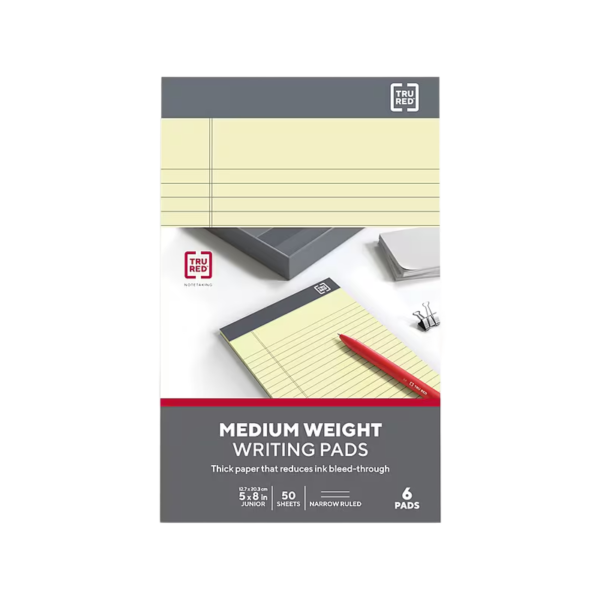 TRU RED Notepad, 5 x 8, Narrow Ruled, Canary, 50 Sheets/Pad, 6 Pads/Pack