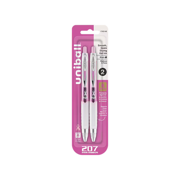uni-ball 207 Pink Ribbon Retractable Gel Pens, Medium Point, 0.7mm, Black, 2/Pack