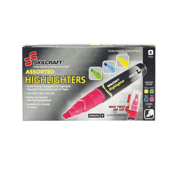 AbilityOne Stick Highlighters, Chisel Tip, Assorted Ink, 5/Set