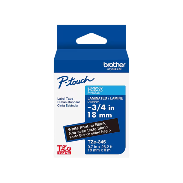 Brother P-touch TZe-345 Laminated Label Maker Tape, 0.75 x 26.2′, White on Black