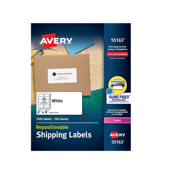 Avery Repositionable Laser Shipping Labels, 2 x 4, White, 1,000 Labels/Box