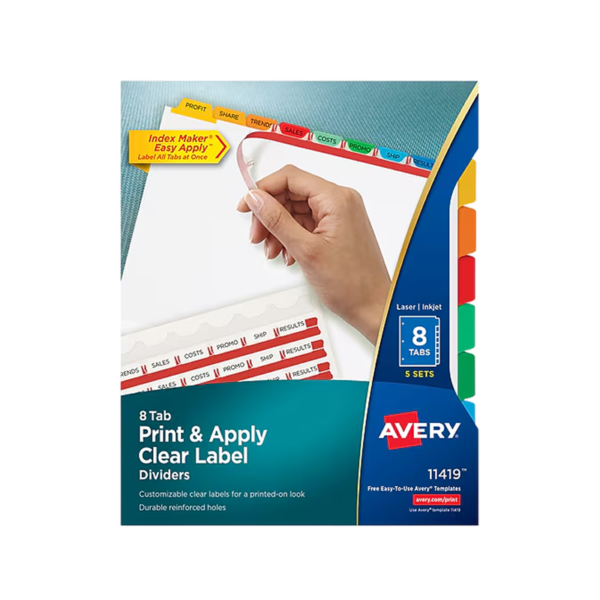 Avery Index Maker Print & Apply Label Paper Dividers, 8-Tab, Multicolor, 5 Sets/Pack