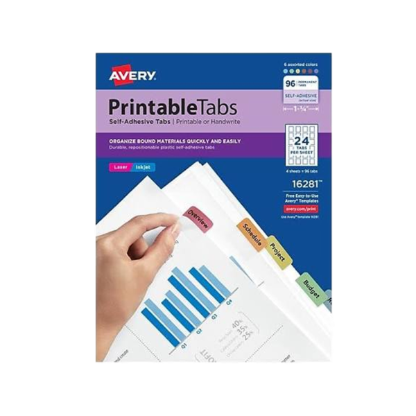 Avery Printable Self-Adhesive Plastic Tabs, 1-1/4, Assorted Colors, 96/Pack
