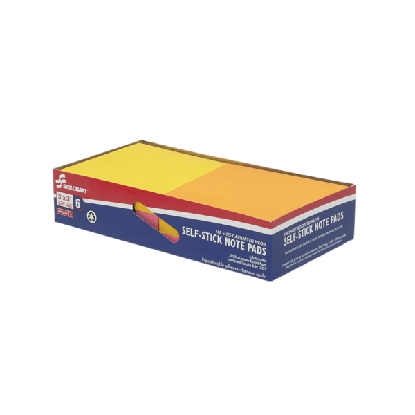 AbilityOne Self-Stick Note Pads, Assorted Colors, 3 x 3, 6/Pk