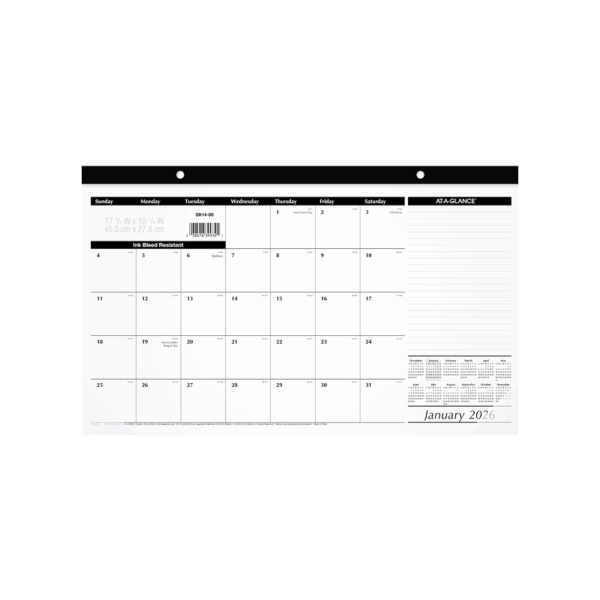 2026  21.75 x 17 Monthly Desk Pad Calendar, White/Black
