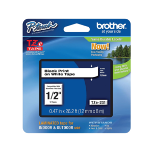 Brother P-touch TZe-231 Laminated Label Maker Tape, 1/2 x 26-2/10′, Black on White, 6/Pack