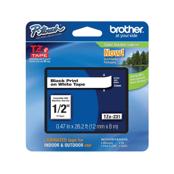 Brother P-touch TZe-231 Laminated Label Maker Tape, 1/2 x 26-2/10′, Black on White, 6/Pack