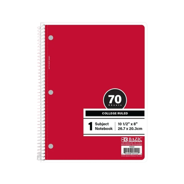 1-Subject Notebooks, 8 x 10.5, College Ruled, 70 Sheets, Assorted Colors, 48/Pack