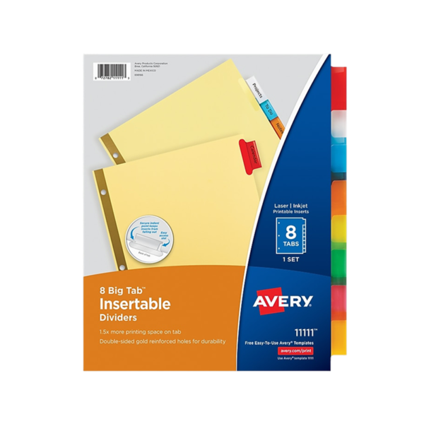 Large Tab Insertable Paper Dividers, Assorted Colors, 8-Tabs