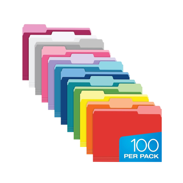 AbilityOne File Folders, Assorted Colors, Letter, Holds 8 1/2H x 11W, 100/Bx