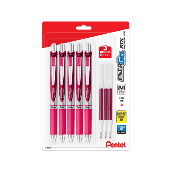 Pentel EnerGel Retractable Gel Pen, 0.7mm, Medium Point, Pink Ink