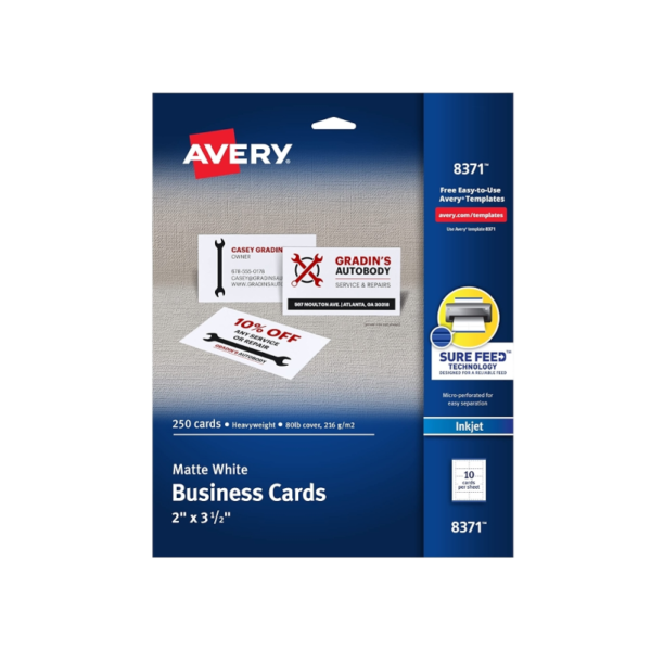 AbilityOne 7530016878444 SKILCRAFT/AVERY Clean Edge Business Cards, Laser, 3.5 x 2, White, 10 Cards/Sheet, 20 Sheets/Pack