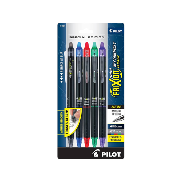 Pilot FriXion Synergy Clicker Erasable Gel Pen, Extra Fine Point, 0.5mm, Assorted Ink, 5/Pack